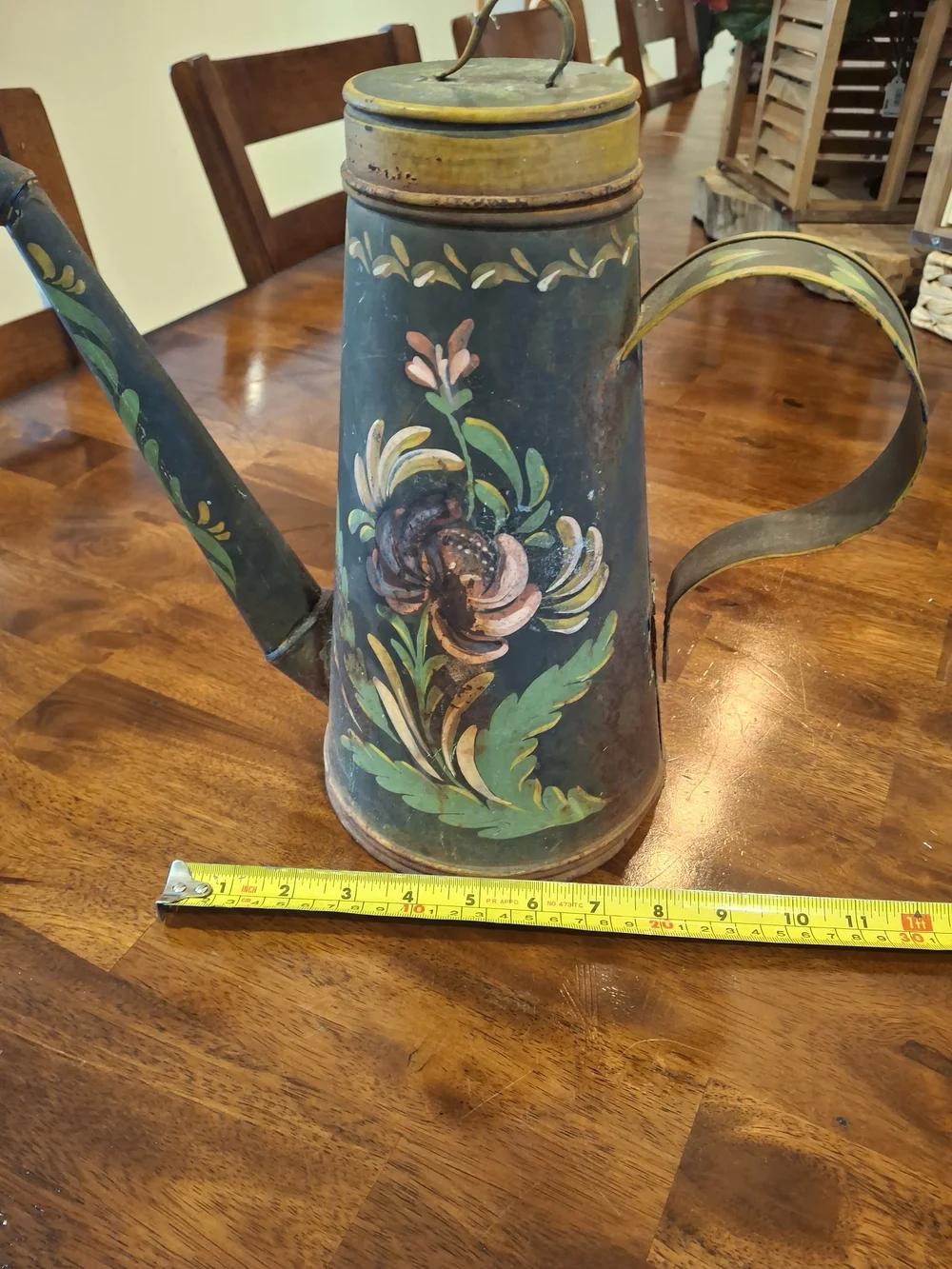 Vintage Hand-Painted Metal Watering Can - Green Floral Home Art
